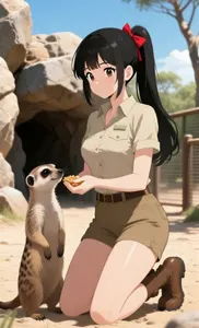 AI画像 ミーアキャットに餌を与える動物園の飼育員