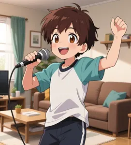 AI画像 家でカラオケを歌う男の子