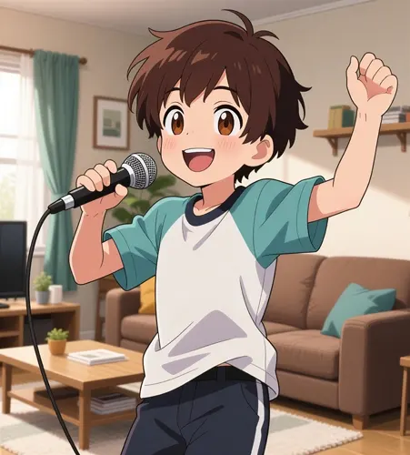 フリーAI画像, CC0 AI画像, イラスト（AI画像）, 人物（AI画像）, 子供（AI画像）, 男の子, 音楽（AI画像）, 歌う, カラオケ, マイク