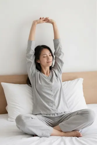 フリーAI画像, CC0 AI画像, 写真（AI画像）, 人物（AI画像）, 女性（AI画像）, アジア人女性, 若い女性, ポートレイト, パジャマ姿, ベッドに座る, あぐらをかく, 背伸びする, 目を閉じる, ストレッチ