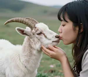 AI画像 ヤギとキスするアジア人女性