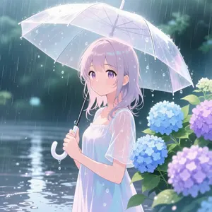 AI画像 紫陽花の花と傘を差した少女