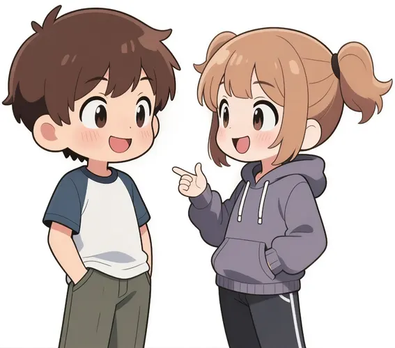 フリーAI画像, CC0 AI画像, イラスト（AI画像）, 人物（AI画像）, 子供（AI画像）, カップル（AI画像）, 男の子, 女の子, 会話（おしゃべり）, ポケットに手を入れる, 二人