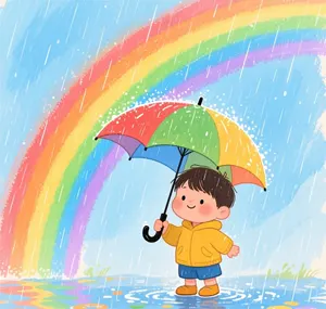 AI画像 虹とどしゃ降りの雨の中の男の子