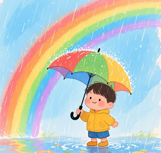 フリーAI画像, CC0 AI画像, イラスト（AI画像）, 人物（AI画像）, 子供（AI画像）, 男の子, 雨, 雨傘, 虹, 梅雨, 6月, 水溜まり