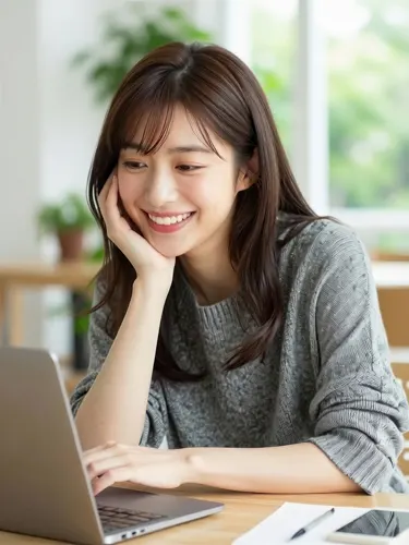 フリーAI画像, CC0 AI画像, 写真（AI画像）, 人物（AI画像）, 女性（AI画像）, アジア人女性, 若い女性, ポートレイト, 頬杖をつく, ノートパソコン, セーター姿