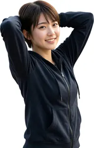 AI画像 頭の後ろで手を組むショートカットのアジア人女性