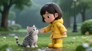 AI画像 雨の日に捨て猫に出会う女の子