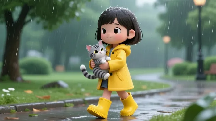 フリーAI画像, CC0 AI画像, イラスト（AI画像）, 人物（AI画像）, 子供（AI画像）, 女の子, 人と動物, 猫（ネコ）, 捨て猫, 雨, 合羽（カッパ）, レインコート