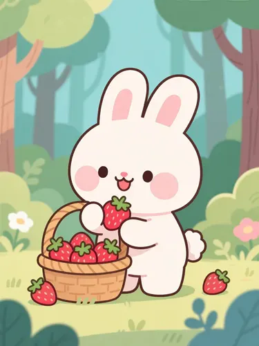 フリーAI画像, CC0 AI画像, イラスト（AI画像）, 動物（AI画像）, 哺乳類, 兎（ウサギ）, 果物（フルーツ）, 苺（イチゴ）, 籠（バスケット）