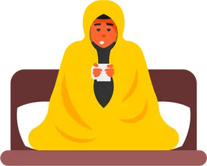 フリーイラスト ベッドの上で暖かい飲み物を飲む風邪を引いた男性