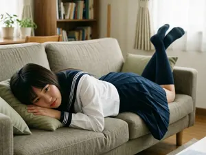 AI画像 セーラー服のままソファーに寝転がる女子学生
