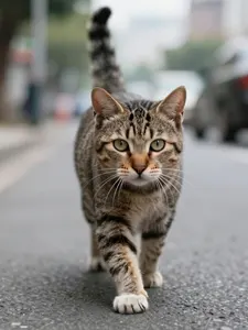 AI画像 道路脇を歩いてくるキジトラ猫