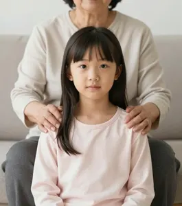 AI画像 おばあちゃんの前にいる孫娘