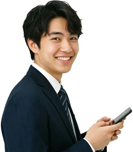 フリーAI画像, CC0 AI画像, 写真（AI画像）, 人物（AI画像）, 男性（AI画像）, アジア人男性, 若い男性, ポートレイト, ビジネス, 仕事, 職業, ビジネスマン, サラリーマン, メンズスーツ, スマートフォン（スマホ）
