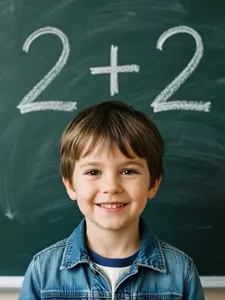 AI画像 2+2と書かれた黒板の前に立つ男の子