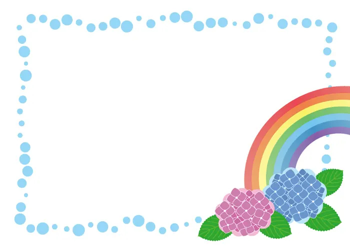 フリーイラスト, CC0 イラスト, 背景（イラスト）, 枠（フレーム）, フレーム（縦）, フレーム（囲み）, 梅雨, 6月, 虹, 紫陽花（アジサイ）