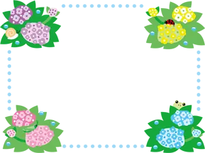フリーイラスト カタツムリとてんとう虫とバッタと蛙と紫陽花の花の飾り枠