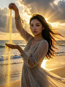 AI画像 ビーチの砂を上から落とすアジア人女性