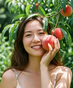 AI画像 実った桃とアジア人女性