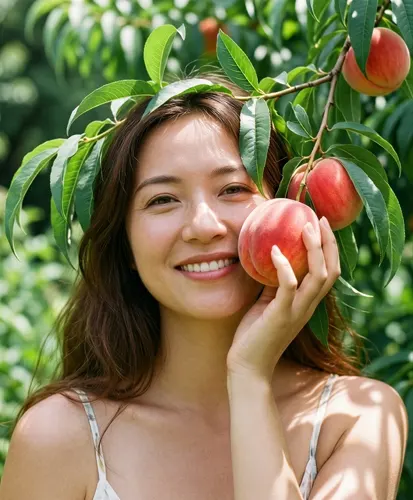 フリーAI画像, CC0 AI画像, 写真（AI画像）, 人物（AI画像）, 女性（AI画像）, アジア人女性, 若い女性, ポートレイト, 果物（フルーツ）, 作物, 桃（モモ）
