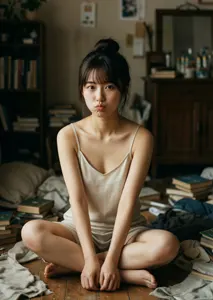 AI画像 汚部屋で暮らす若いアジア人女性