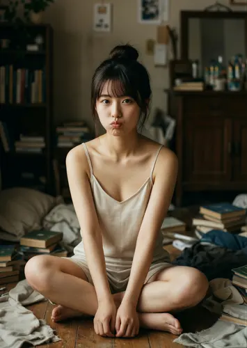 フリーAI画像, CC0 AI画像, 写真（AI画像）, 人物（AI画像）, 女性（AI画像）, アジア人女性, 若い女性, ポートレイト, 床に座る, あぐらをかく, キャミソール姿, 唇をすぼめる