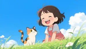 AI画像 草むらで笑う女の子と猫