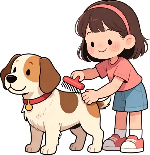 フリーAI画像, CC0 AI画像, イラスト（AI画像）, 人物（AI画像）, 子供（AI画像）, 女の子, 人と動物, 犬（イヌ）, ブラッシング