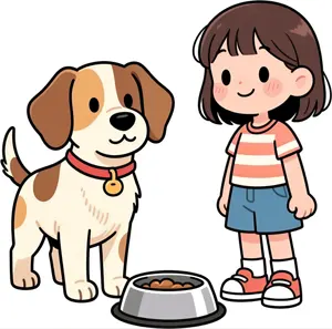 AI画像 愛犬に餌を用意する女の子