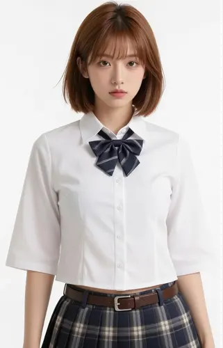 フリーAI画像, CC0 AI画像, 写真（AI画像）, 人物（AI画像）, 少女（AI画像）, アジアの少女, ポートレイト, 学生（生徒）, 学生服, 高校生, スクールブラウス, 茶髪, 白背景