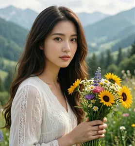 AI画像 高原で花束を摘んだアジア人女性