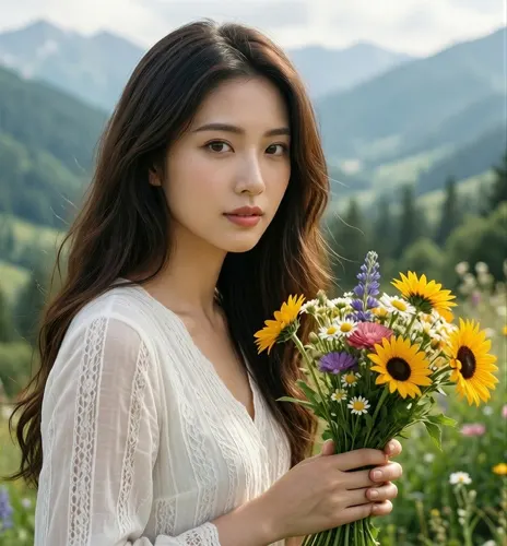 フリーAI画像, CC0 AI画像, 写真（AI画像）, 人物（AI画像）, 女性（AI画像）, アジア人女性, 若い女性, ポートレイト, 人と花, 花束