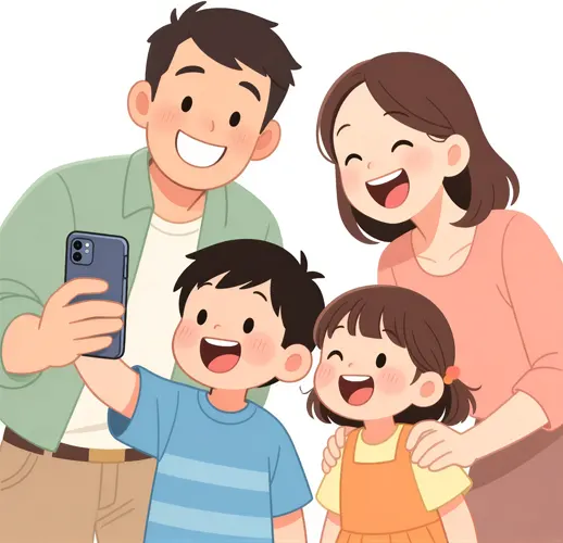 フリーAI画像, CC0 AI画像, イラスト（AI画像）, 人物（AI画像）, 家族（AI画像）, 親子, 父親（お父さん）, 母親（お母さん）, 息子, 娘, 写真撮影, 自撮り, 四人, スマートフォン（スマホ）