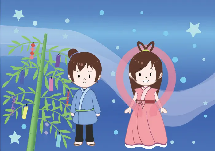 フリーイラスト, CC0 イラスト, 年中行事（イラスト）, 七夕（たなばた）, 7月, 七夕飾り（笹飾り）, 織姫（おりひめ）, 彦星（ひこぼし）, 天の川