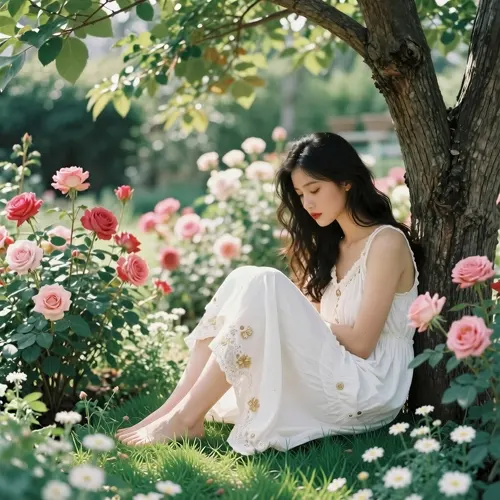 フリーAI画像, CC0 AI画像, 写真（AI画像）, 人物（AI画像）, 女性（AI画像）, アジア人女性, 若い女性, ポートレイト, 地面に座る, 人と花, 花畑, 俯く（うつむく）, ワンピース姿