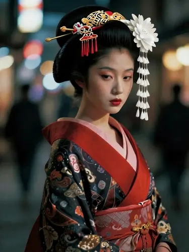 フリーAI画像, CC0 AI画像, 写真（AI画像）, 人物（AI画像）, 女性（AI画像）, アジア人女性, 若い女性, ポートレイト, 日本人, 和服姿, 着物, 花魁, 夜