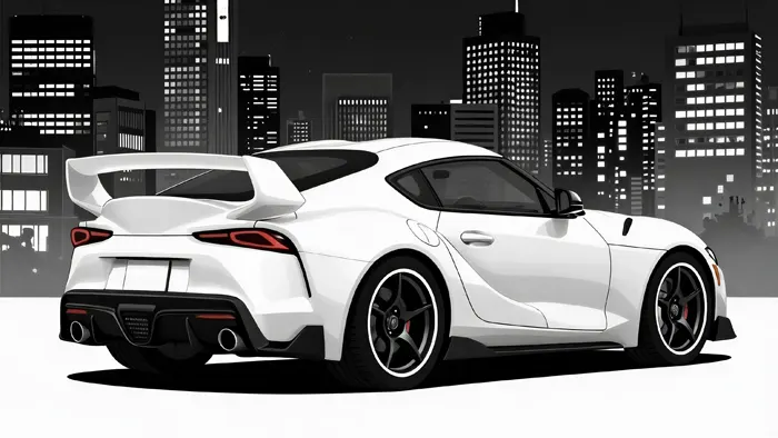 フリーAI画像, CC0 AI画像, イラスト（AI画像）, 乗り物（AI画像）, 自動車, トヨタ自動車, トヨタ・スープラ, クーペ, スポーツカー, 都市, 高層ビル