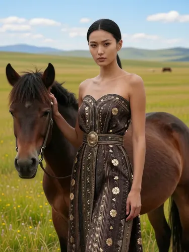 フリーAI画像, CC0 AI画像, 写真（AI画像）, 人物（AI画像）, 女性（AI画像）, アジア人女性, 若い女性, ポートレイト, ドレス姿, 人と動物