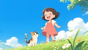 AI画像 笑っている女の子と三毛猫