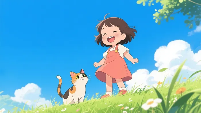 フリーAI画像, CC0 AI画像, イラスト（AI画像）, 人物（AI画像）, 子供（AI画像）, 女の子, 人と動物, 猫（ネコ）, 三毛猫, 笑顔（笑う）