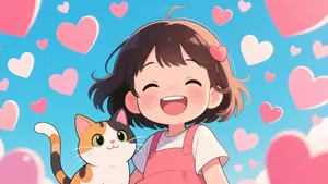 AI画像 女の子と愛猫とハート