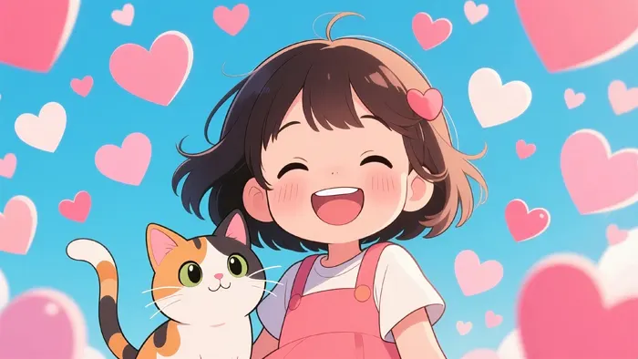フリーAI画像, CC0 AI画像, イラスト（AI画像）, 人物（AI画像）, 子供（AI画像）, 女の子, 人と動物, 猫（ネコ）, 三毛猫, ハート, 笑顔（笑う）, 愛（ラブ）