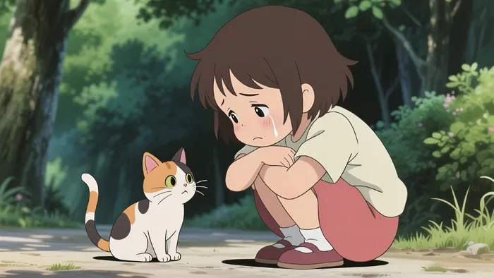 フリーAI画像, CC0 AI画像, イラスト（AI画像）, 人物（AI画像）, 子供（AI画像）, 女の子, 人と動物, 猫（ネコ）, 三毛猫, うずくまる, 泣き顔（泣く）