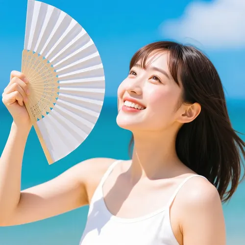 フリーAI画像, CC0 AI画像, 写真（AI画像）, 人物（AI画像）, 女性（AI画像）, アジア人女性, 若い女性, ポートレイト, 日本人, 扇子, 夏（AI画像）, 見上げる