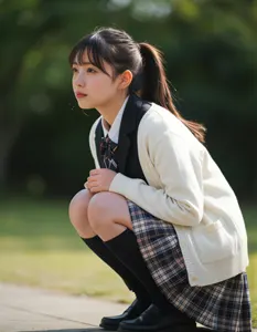 AI画像 スクールカーディガンを着てしゃがむ女子学生
