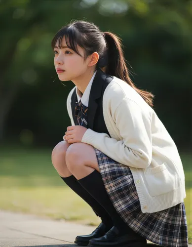 フリーAI画像, CC0 AI画像, 写真（AI画像）, 人物（AI画像）, 少女（AI画像）, 学生（生徒）, 学生服, 高校生, スクールカーディガン, しゃがむ, ポニーテール