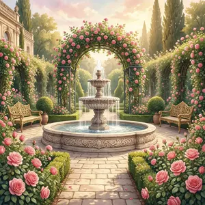 AI画像 噴水がある薔薇の庭園
