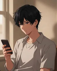 AI画像 窓辺でスマホを見ている若い男性