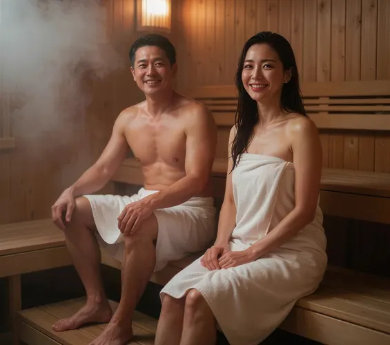 フリーAI画像, CC0 AI画像, 写真（AI画像）, 人物（AI画像）, カップル（AI画像）, 夫婦, サウナ, 汗をかく, 二人